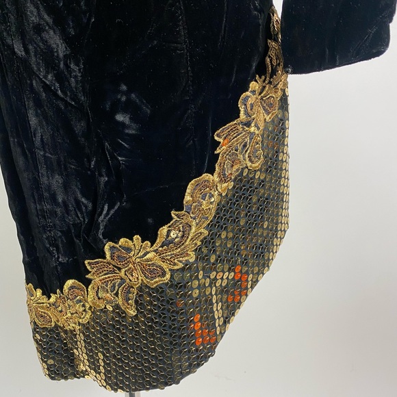 VINTAGE Black Velvet Gold Sequin Asymmetrical Long Sleeve Holiday Cocktail Dress - Picture 3 of 9
